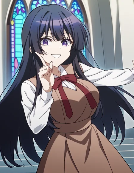 score_9, score_8_up, score_7_up, source_anime, <lora:spyroom-thea-s2-ponyxl-lora-nochekaiser:1>, thea, long hair, bangs, black hair, purple eyes, black hair, large breasts,, shirt, long sleeves, dress, bow, school uniform, white shirt, collared shirt, red bow, neck ribbon, brown dress, church, steeple, pews, altar, holy, smile, <lora:hoshino-ruby-dance-ponyxl-lora-nochekaiser:1>, hoshino ruby dance, finger wagging, index finger raised, dancing, outstretched arm,, looking at viewer, solo,, dutch angle, cowboy shot
