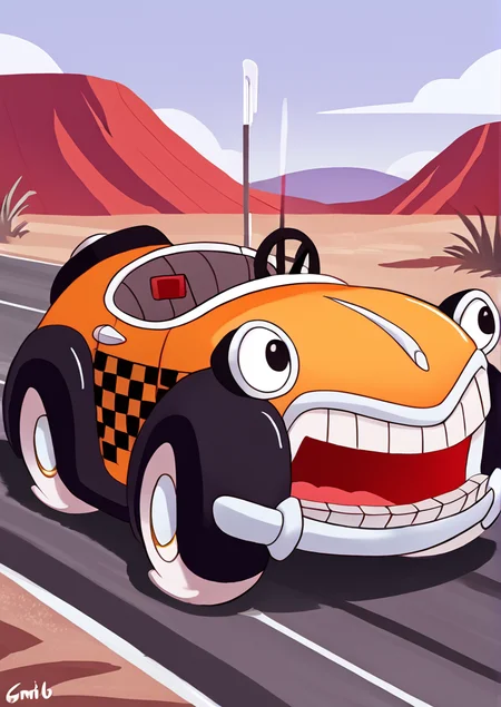 score_8_up, score_7_up, illustration, source_manga, rating_safe, r3tr0XLP ,<lora:r3tr0XLP:0.7>, b3NnyC4b, benny, cartoon car, cartoon taxi, large eyes, headlight eyes, grill mouth, yellow cab, steering wheel, checkered pattern, white tires, flat tires, grit teeth, no driver, <lora:Benny_The_Cab_-_Who_Framed_Roger_Rabbit_1988_-_Pony:0.8>, break,  (on a desert road, :1.2)