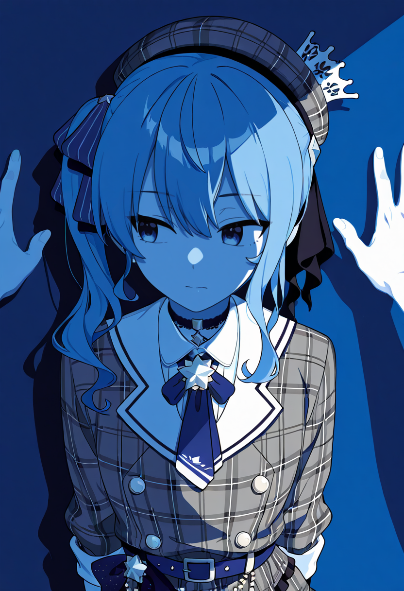 1girl, solo focus, hoshimachi_suisei_\(1st_costume\), looking away, (anime coloring, crisp edges:1.2), intense shadows, monochrome, lineart, limited palette, simple background, vivid colors, bright colors, blue theme, masterpiece, very aesthetic, absurdres, flat color, no lineart, povkabedon,<segment:yolo-AnzhcFace-seg_640_v3_y11n.pt-1,0.3,0.15//cid=11>