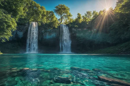 a large waterfall with a tree in the middle of it and a rock in the middle of the turquoise water, Ferenc Joachim, waterfall, award-winning photograph, naturalism, insane details, cinematic light, detailed, color grading, sunrise <lora:Instant_landscaper_XL:0.7>