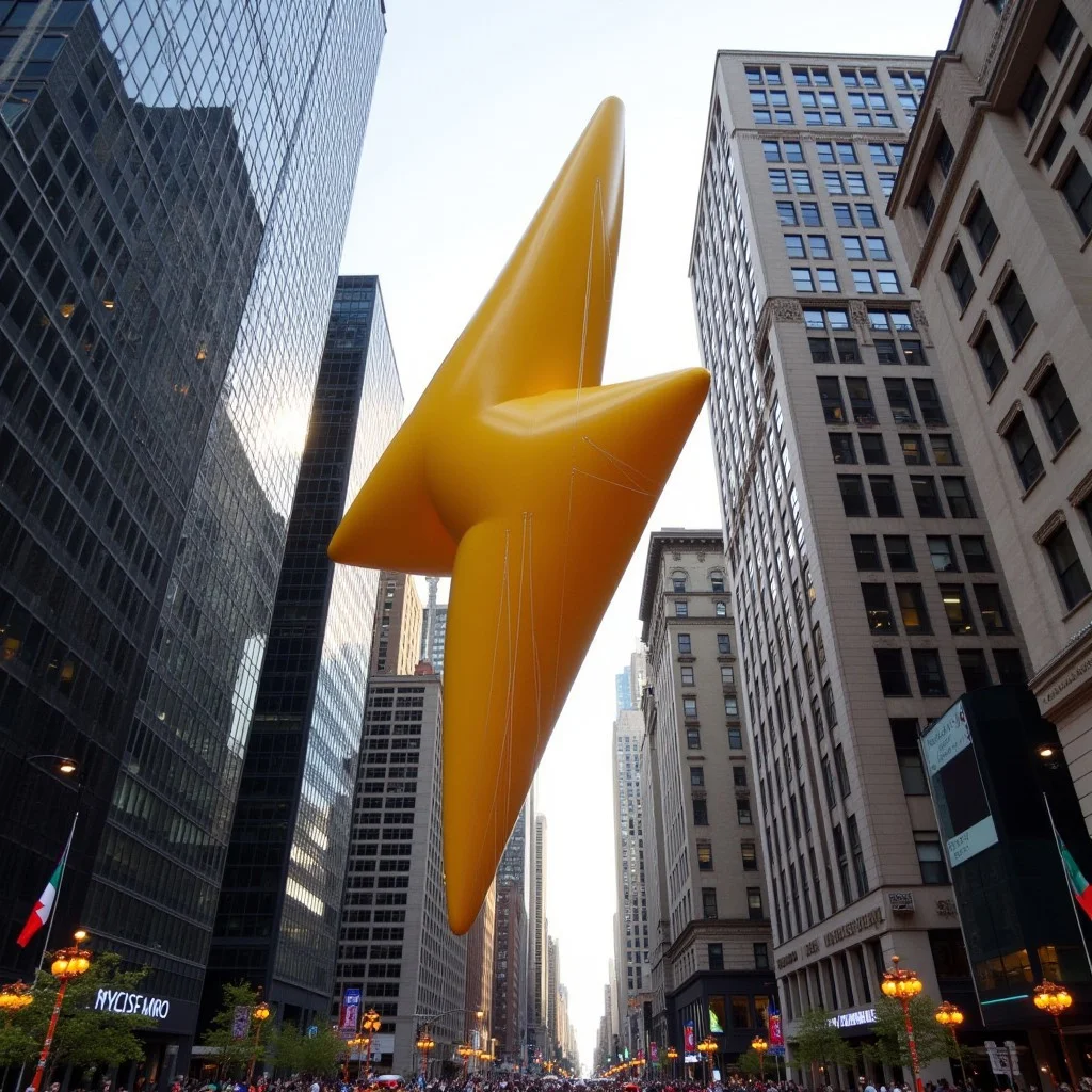 a macy's day balloon in the style of a a giant lighting bolt, city background