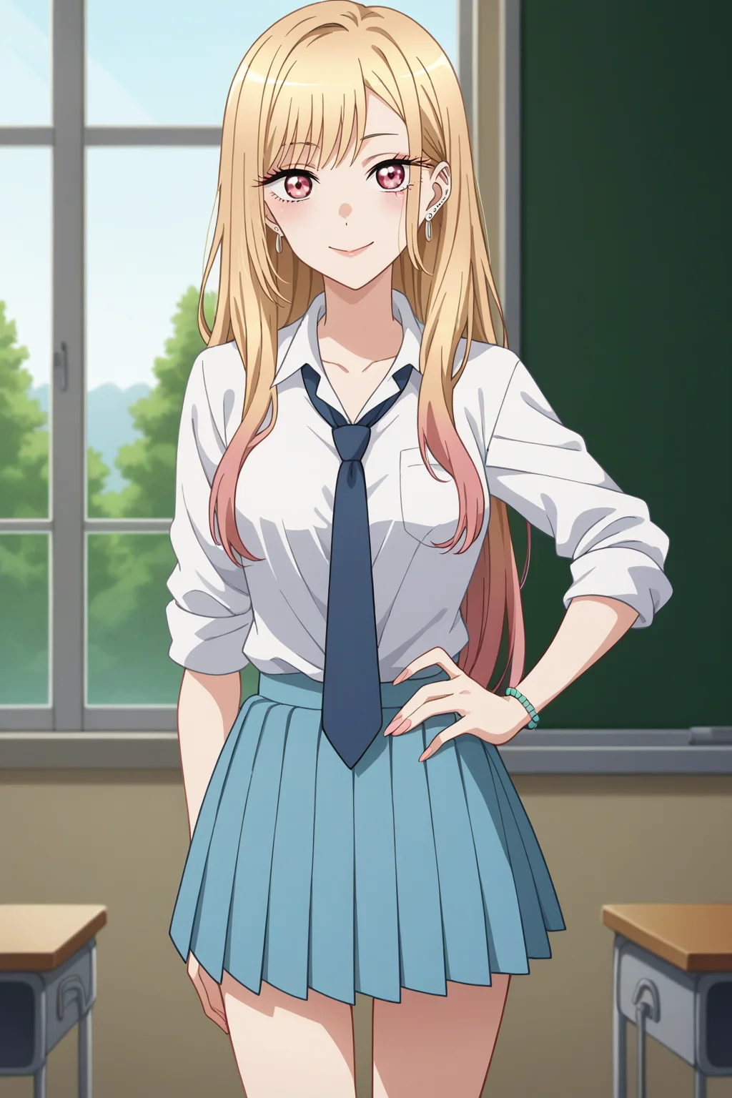 score_9, score_8_up, score_7_up, source_anime, 1girl, prefect lighting, very aesthetic, intricate details, highly detailed background, masterpiece, high quality, prefect hands, best quality, solo,
<lora:Marin_Dress_up_Darling_V1:.85>, KJOmarin, blonde hair, long hair, pink eyes, earrings, ear piercing,
collared shirt, sleeves rolled up, loose necktie, blue pleated skirt,
hand on own hip, smile, closed mouth, looking at viewer,
classroom, window, sunny, tree,
(Beautiful, medium Breasts:1.2), natural breasts,