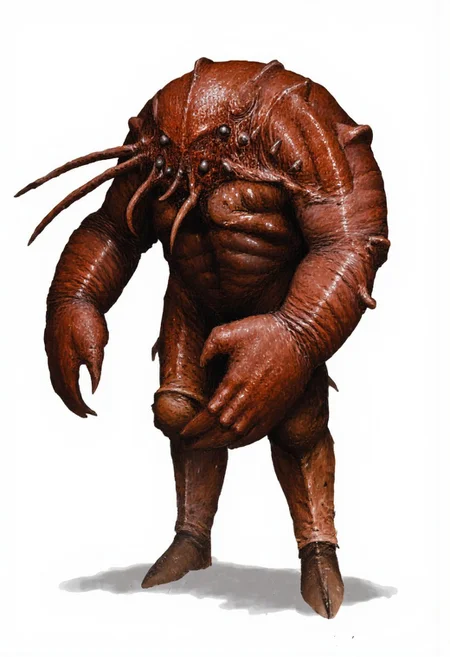 b3rs3rk first person d4concept pov, 3D01S, simple background d4artstyle atmospheric and powerful MikeFranchinastyle dark fantasy, natural organic and first person pov of a berserk style creature
A Tsutomu Nihei Massive humanoid lobster creature with rich mahogany-brown chitinous armor, standing upright on segmented legs. Intricate anatomical details showing layered exoskeleton plates with subtle variations in deep browns and rusty highlights. Powerful oversized claw with serrated edges, reminiscent of ancient armor. Multiple small protrusions and barnacle-like growths dotting the shell. Battle-worn texture with scratches and natural weathering on the carapace. Hyper-detailed arthropod features, including joint segments and small spines. Stern, almost noble facial features with extended eyestalks. Wet, organic sheen on the armor suggesting recent emergence from water. Cast shadow beneath creature, minimal white background. Painterly art style with visible brushstrokes, fantasy concept art, ultra-detailed, 8k resolution, professional lighting.
UHD letterboxed game trailer frame chromatic aberration dark atmosphere sharp masterpiece with a focus on the character, elden ring style, dark atmosphere, chromatic aberration