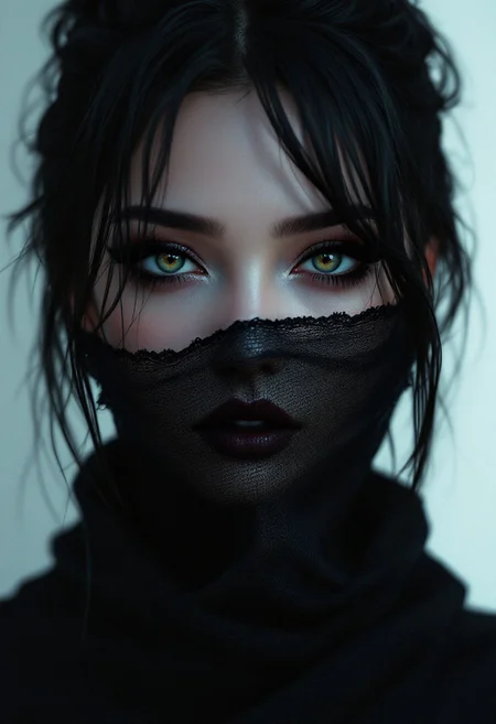 anime digital painting gothic  niji style,  A mesmerizing portrait capturing the essence of timeless beauty Photorealistic portrait of a stunning  woman with a delicate, partially obscured face . Her deep, smoky eyes are accentuated by bold, dark kohl eyeliner and dramatic eyeshadow, giving her an intense, mesmerizing gaze. her lower face is obscured by a sheer see through style face veil supernatural , sci-fi gothic, set against a minimalist sci-fi background,  authority and mystique