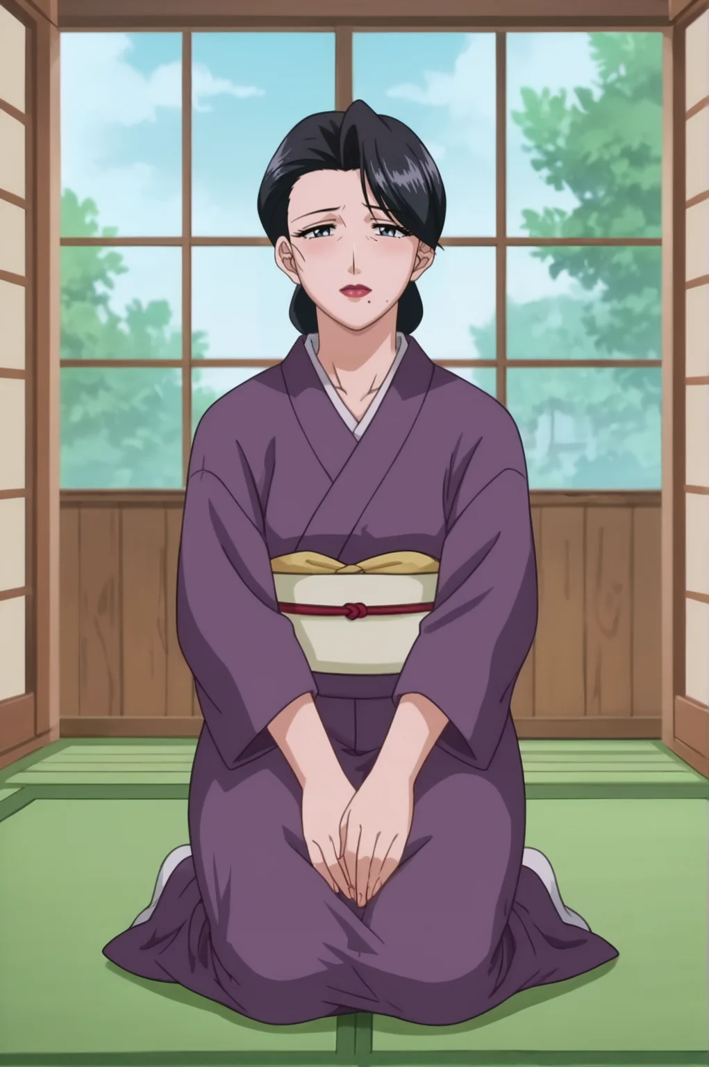 score_9, score_8_up, score_7_up,anime_source, source_anime, best background, detailed background, anime screencap, Sumie, indoors, japanese clothes, kimono, mature, full body, on knees, indoors, <lora:JN_Sumie_Takayanagi:0.8>