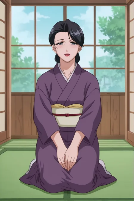 score_9, score_8_up, score_7_up,anime_source, source_anime, best background, detailed background, anime screencap, Sumie, indoors, japanese clothes, kimono, mature, full body, on knees, indoors, <lora:JN_Sumie_Takayanagi:0.8>