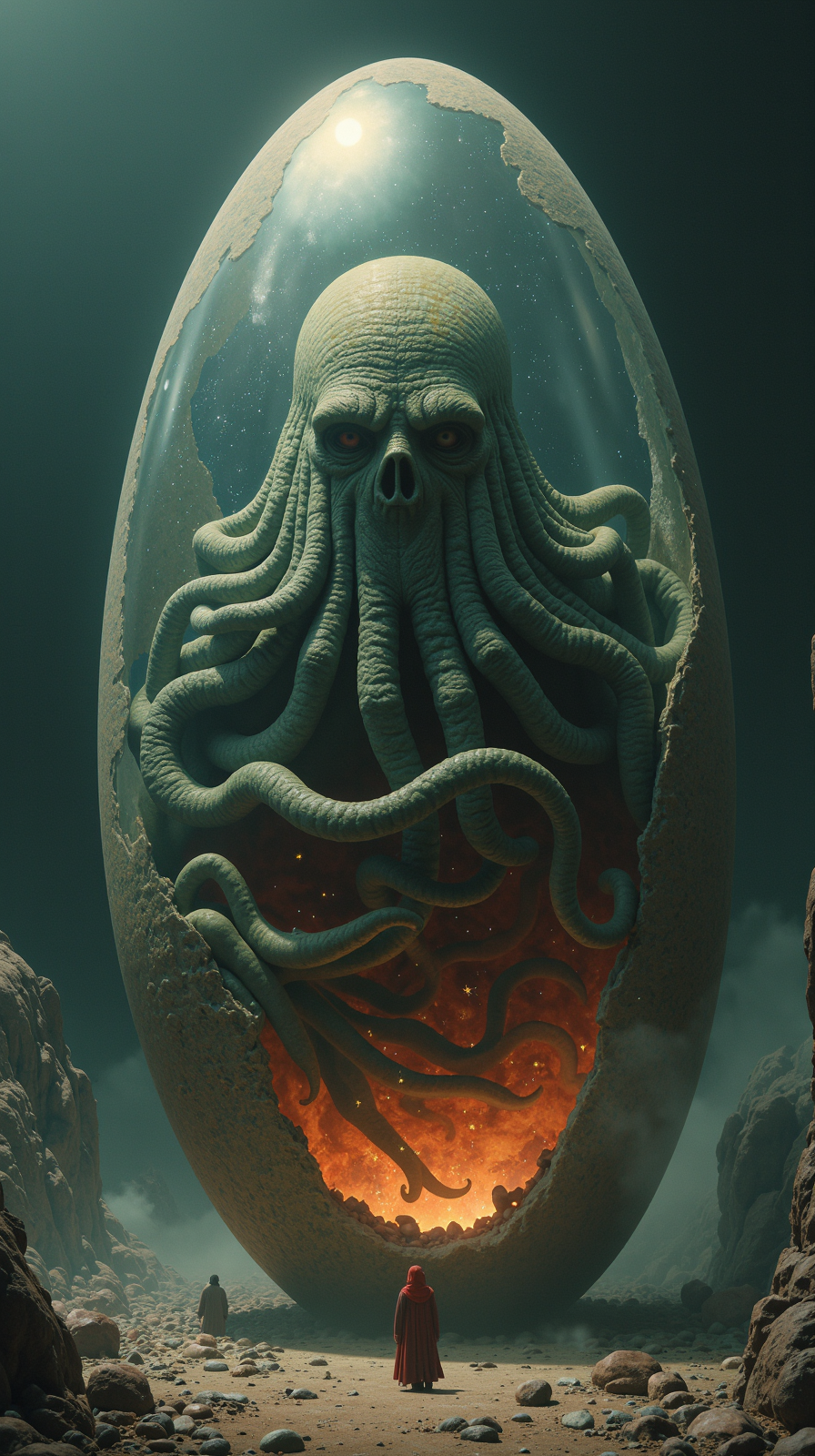 megalophobia, imagine a giant galactic transparent egg, inside of that egg the old god Cthulhu just woke up from his eternal sleep and he is very angry, in the style of H.R Giger, Bekskinski, Gentileschi <lora:megalophobia_v3_j2t_rank32_bf16:1>