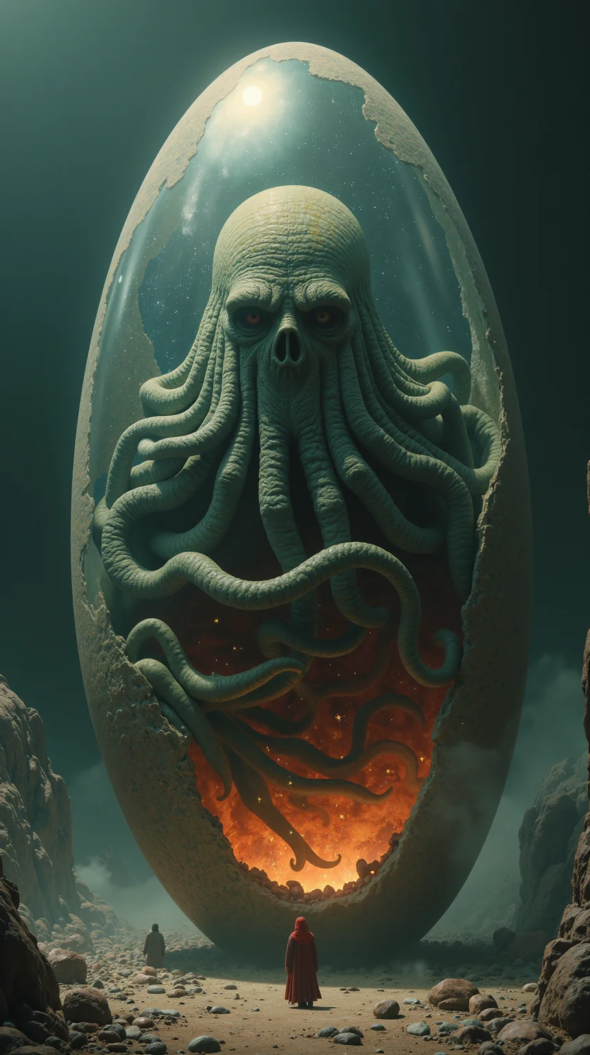 megalophobia, imagine a giant galactic transparent egg, inside of that egg the old god Cthulhu just woke up from his eternal sleep and he is very angry, in the style of H.R Giger, Bekskinski, Gentileschi <lora:megalophobia_v3_j2t_rank32_bf16:1>