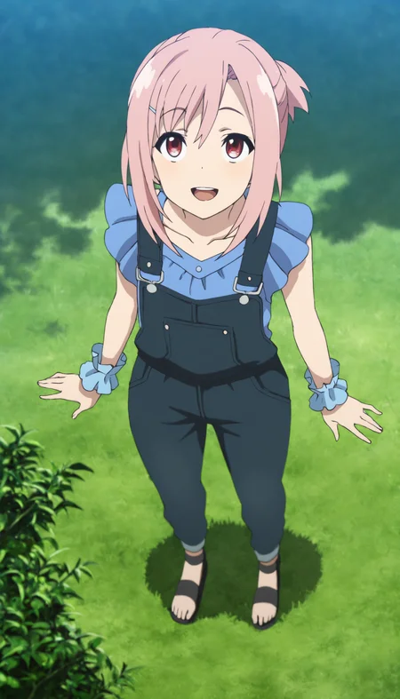 masterpiece,best quality,amazing quality,
<lora:yoshinokoharuNAI:1>,yoshinokoharu,
1girl,solo,pink hair,short hair,bangs,short ponytail,red eyes,deep blue denim overall,blue sleeveless blouse with trim,blue wrist cuffs,black sandals,full body,from above,looking up,open smile,standing,outdoors,day,grass,