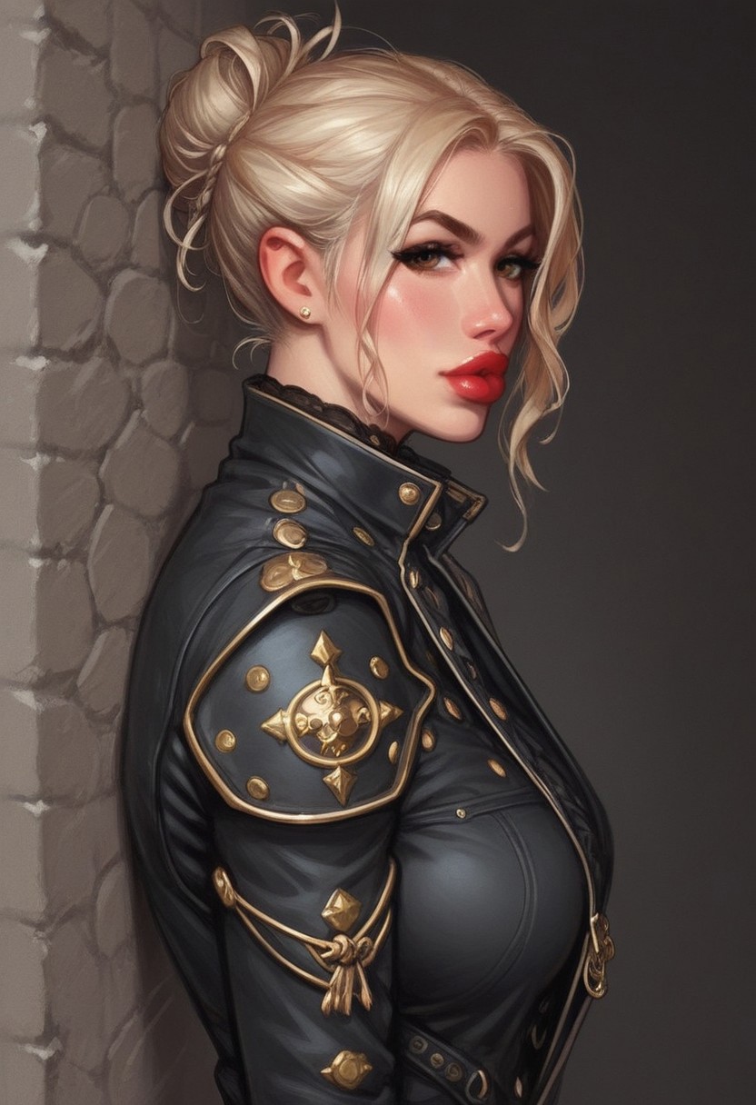 from front, (((side view))), 1girl, illustration, comic style, looking at viewer, highly detailed,
(((front view)))
In a gritty, noir-inspired urban setting bathed in the harsh glow of neon lights, K4TH3R1N3, a striking woman with platinum blonde hair cascading down her back, stands against the cold brick wall of an abandoned warehouse. Her piercing brown eyes are parted, revealing a hint of red lipstick-stained lips as she gazes directly at the viewer, challenging and intriguing in equal measure. The camera angle is low, casting her figure in sharp relief, with the dramatic shadows emphasizing the high collar of her unique outfit: a tailored trench coat made from a shimmering material that catches the light, adorned with intricate, steampunk-inspired metal accents. ((dynamic pose))
((full-clothed)),
BREAK 
dynamic pose <lora:Cherry-Gig:0.55> ((((full-clothed)))), 
BREAK
((dark room background))) score_9, score_8_up, score_7_up, score_6_up, source_cartoon, rating_explicit, Expressiveh, (((((upper body))))), dynamic pose