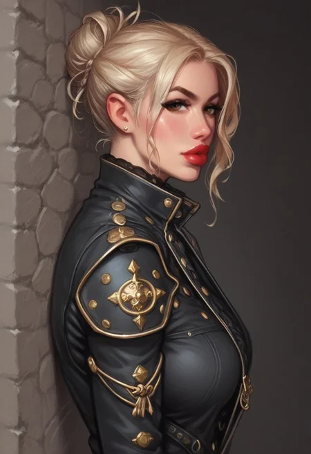 from front, (((side view))), 1girl, illustration, comic style, looking at viewer, highly detailed,
(((front view)))
In a gritty, noir-inspired urban setting bathed in the harsh glow of neon lights, K4TH3R1N3, a striking woman with platinum blonde hair cascading down her back, stands against the cold brick wall of an abandoned warehouse. Her piercing brown eyes are parted, revealing a hint of red lipstick-stained lips as she gazes directly at the viewer, challenging and intriguing in equal measure. The camera angle is low, casting her figure in sharp relief, with the dramatic shadows emphasizing the high collar of her unique outfit: a tailored trench coat made from a shimmering material that catches the light, adorned with intricate, steampunk-inspired metal accents. ((dynamic pose))
((full-clothed)),
BREAK
dynamic pose <lora:Cherry-Gig:0.55> ((((full-clothed)))),
BREAK
((dark room background))) score_9, score_8_up, score_7_up, score_6_up, source_cartoon, rating_explicit, Expressiveh, (((((upper body))))), dynamic pose