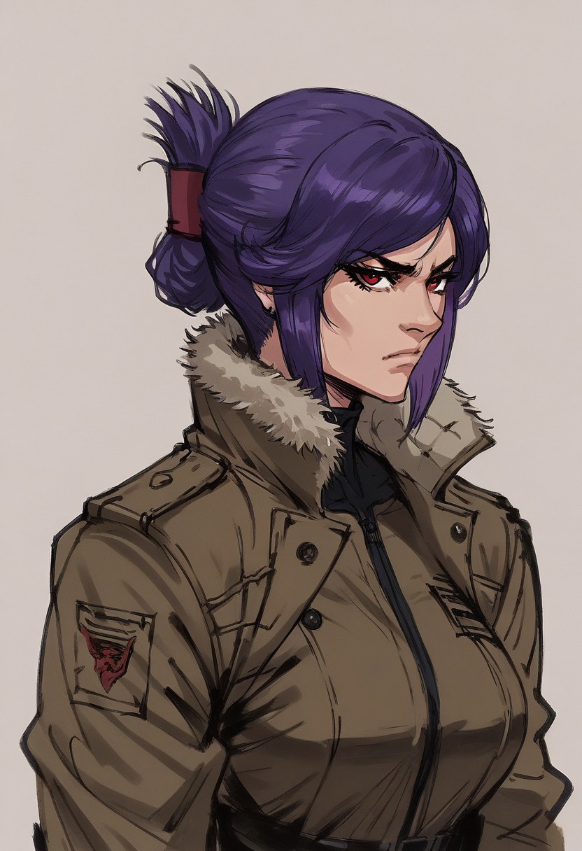 score_9, score_8_up, score_7_up, beatyfull color, aesthetic, 
yoji_shinkawa, sketch,
close-up shot, view from aside,
solo, 
1girl,
sabia, human, purple hair, red eyes, folded ponytail,
trenchcoat, black fur trim,
large breasts, 
closed mouth, serious, looking at viewer,
