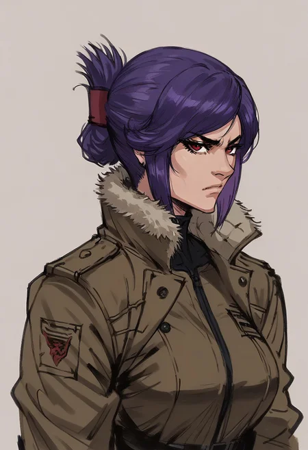 score_9, score_8_up, score_7_up, beatyfull color, aesthetic, 
yoji_shinkawa, sketch,
close-up shot, view from aside,
solo, 
1girl,
sabia, human, purple hair, red eyes, folded ponytail,
trenchcoat, black fur trim,
large breasts, 
closed mouth, serious, looking at viewer,