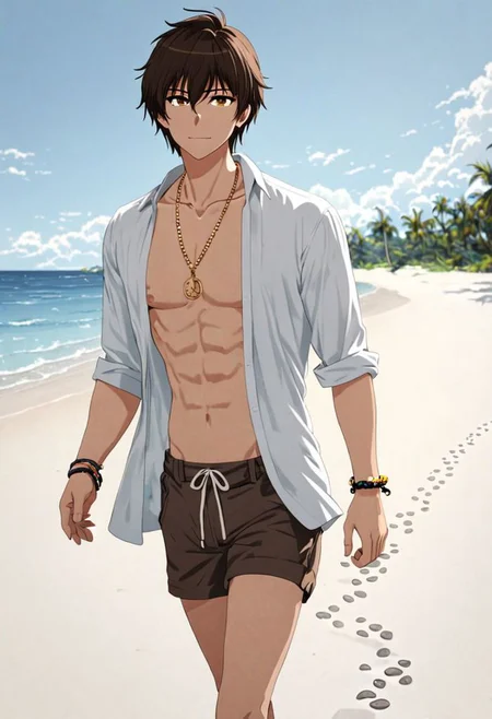 Highres, Masterpiece, High Quality, 4K, 8K, solo, 1Boy, Seiya Kanie, short dark brown hair, golden eyes, beach, calm, white sand, small coral, pebbles, clear sky, quiet, peaceful, walking, candid, breeze, footprints, happy, open shirt, shorts, sixpack, necklace, bracelet, easynegative, detailed_eye_model