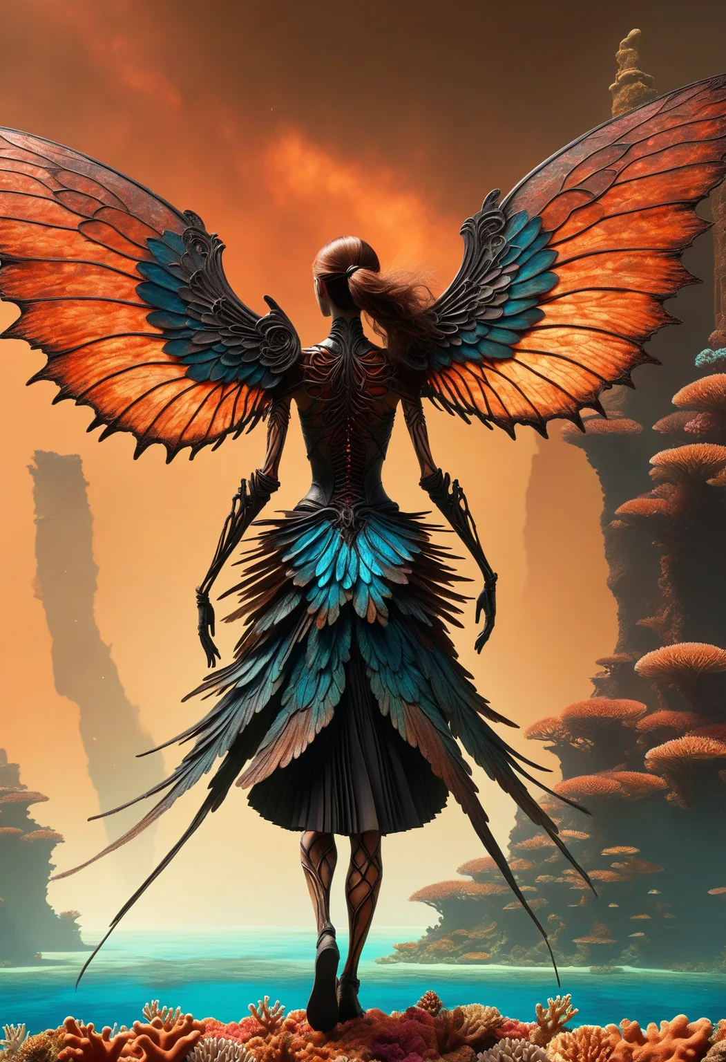 awesome quality, dynamic,DonMDr4g0nXL woman from behind,wings attached to back,skirt, (draconid:0.25) burnt umber earthen necrotic, reef    in coral reef biome  <lora:myLora\DonMDr4g0nXL-v2rb:1>,