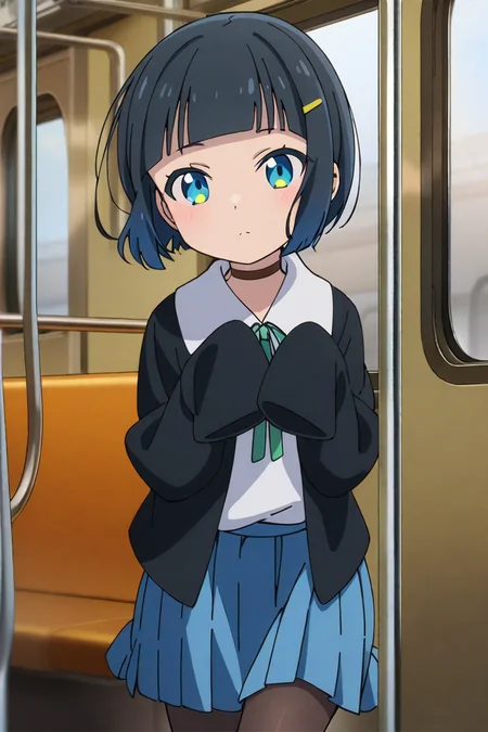 shinonome akira,1girl, solo, blue eyes, sleeves past wrists, skirt, shirt, jacket, blue skirt, closed mouth, choker, looking at viewer, white shirt, hair ornament, open clothes, black jacket, bangs, short hair, hairclip, ribbon, long sleeves, pleated skirt, open jacket, neck ribbon, green ribbon, collared shirt, black hair, blunt bangs, blue hair,shoes, pantyhose, train interior,
<lora:shinonome akira A31 e1:0.85>