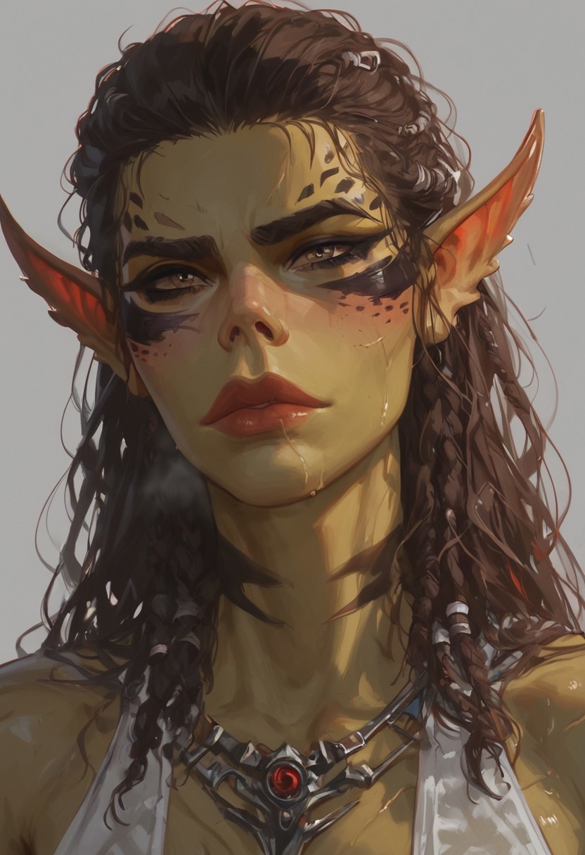 score_9, score_8_up, score_8_up, raw, masterpiece, best quality, amazing quality, absurdres, very aesthetic,
Lae'zel (Baldurs Gate 3),  raw, 1girl, ((nsfw)) , sexy 20yo girl, dominant, volumetric lighting, heat body, sexy body, thick thighs, tiny waist, toned body thigh gap, atheltic
colored skin, greenish-yellow skin, pointy ears, face markings, brown hair, braids, scars, githyanki nose, fierce, close up
BikiniArmorLeather_Laezel_ownwaifu, blushing, bedroom background, extreme blush, steam, musk, sweaty, looking at viewer, close up, bedroom background, tick thighs, chiseled abs, detailed abs, six pack
g0thicPXL,