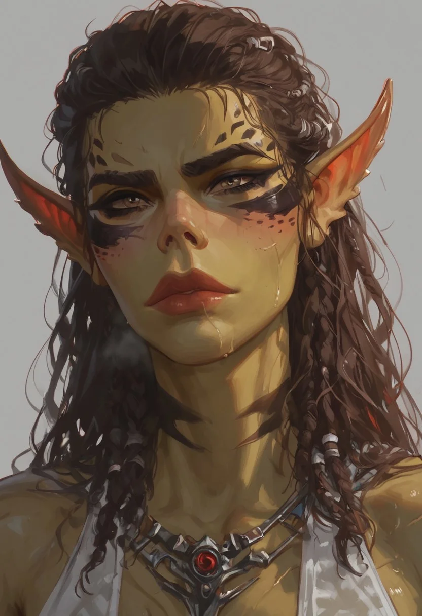 score_9, score_8_up, score_8_up, raw, masterpiece, best quality, amazing quality, absurdres, very aesthetic,
Lae'zel (Baldurs Gate 3),  raw, 1girl, ((nsfw)) , sexy 20yo girl, dominant, volumetric lighting, heat body, sexy body, thick thighs, tiny waist, toned body thigh gap, atheltic
colored skin, greenish-yellow skin, pointy ears, face markings, brown hair, braids, scars, githyanki nose, fierce, close up
BikiniArmorLeather_Laezel_ownwaifu, blushing, bedroom background, extreme blush, steam, musk, sweaty, looking at viewer, close up, bedroom background, tick thighs, chiseled abs, detailed abs, six pack
g0thicPXL,