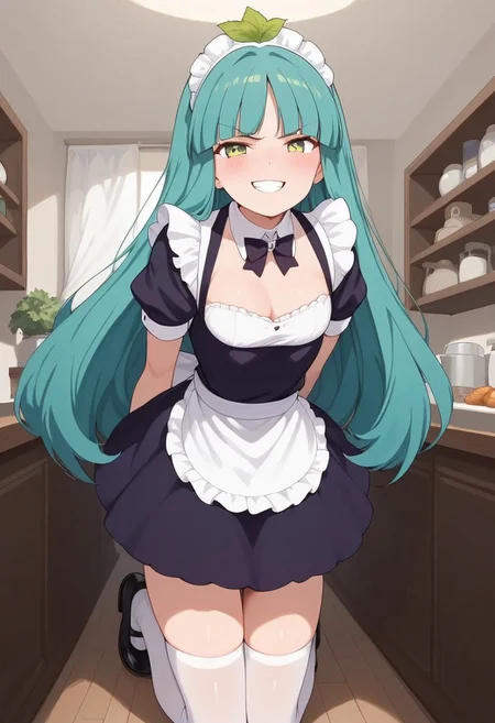 score_9, score_8_up, score_7_up, source_anime, (1girl),(solo)
BREAK,
HDA_MasterpieceXL_v.1,perfect hands
BREAK
1girl:   <lora:sandra ST300N-v:1>, sandra,tiny woman,petite,green eyes, blue-green hair, long hair, knee-length hair, ((three leaves on her head)), flat breasts, short stature,
BREAK
inside, maid cafe, cups, Standing,
BREAK
, cleavage, apron, wrist cuffs, black maid,black skirt, maid headdress, enmaided, smug, White stockings, waitress slippers,pose sexy
BREAK
, hands behind back