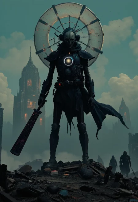 A Shinigami emerges in a surreal, dystopian scene, blending the faded neon colors of the 80s with spectral pastel hues, contrasted by the muted beige and gray tones of a forgotten future. The figure looms in a lofi, grainy aesthetic, resembling a retro scan of a vintage 80s anime sci-fi book. Its skeletal frame is draped in a tattered black cloak that shimmers faintly with neon undertones, as if reflecting the faded remnants of long-dead stars. A cracked, angular helmet rests on its ghastly head, reflecting the dim glow of an eerie baseball bat, pulsating with jagged, deadly energy, gripped tightly in its bony fingers.
The setting is the wreckage of a derelict spaceport, where towering, skeletal ruins of spacecraft and weathered solar sails rise like ghostly skyscrapers. The sails' faded neon panels flicker weakly, casting faint, haunting glows through the swirling haze of dust and smoke. Sporadic bursts of fiery explosions in the distance briefly illuminate the Shinigami’s grotesque features, their crimson eyes glowing like embers through the stormy darkness.
The horizon is a bleak wasteland, the dim, dystopian sun struggling to pierce the swirling haze. Volumetric lighting and subtle film grain deepen the melancholic, cinematic mood. Shadows stretch across the wasteland, and the Shinigami stands still, an embodiment of death and decay amidst the chaos, its aura suffused with an unsettling mix of dread and fascination.