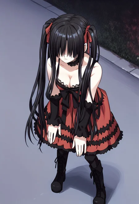 score_9, score_8_up, score_7_up
BREAK
1girl,solo, slumped, leaning forward, from above, dangling arms, hair over eyes,
kurdef, long hair, black hair, twintails, heterochromia, bare shoulders, detached sleeves, choker, red dress, cleavage, bow, black thighhighs, lace-up boots,