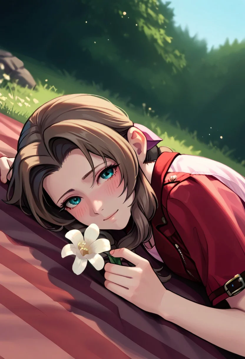Bpb_hollow,score_9, score_8_up, score_7_up, score_6_up, ,1girl, solo , aerith, outdoors,, content, cropped jacket,lying, picnic blanket,Pink dress, holding a white flower in front of viewer , looking at viewer, blushing,dutch angle