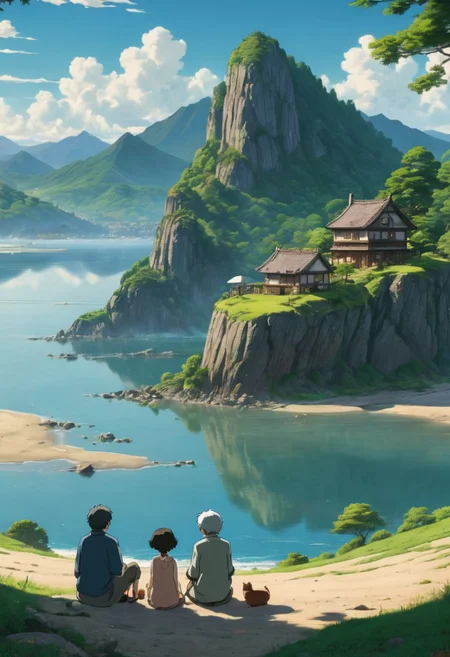 Masterpiece, best quality, sharp focus, extremely detailed, 8K HD, UHD. A landscape in a distinct anime style, reminiscent of Hayao Miyazaki a family sitting on a blanket on a beach with a view of the lake and mountains in the background, Hayao Miyazaki, official art, a detailed matte painting,