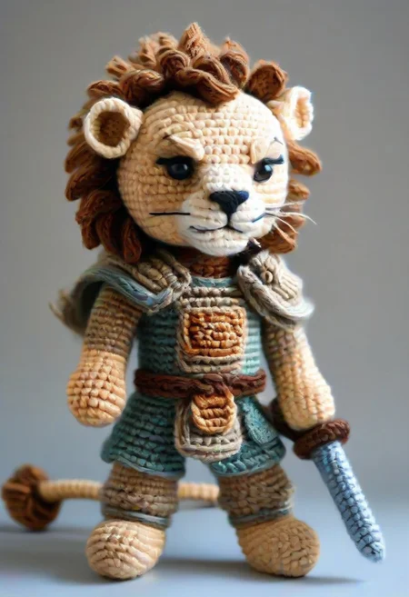Saber fighting lion, by saint exupery, crocheted style