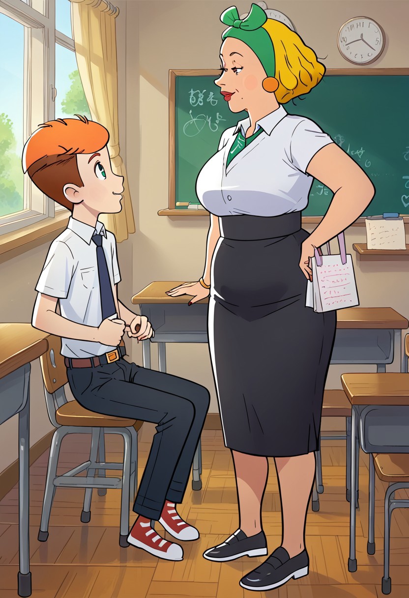 score_7, score_8, detailed, high quality, classroom, school interior,  couple of characters, boy and woman, couple with size difference, shorter boy, 
(margo, milf, plump busty woman with short blonde hair and green hairbow, black mini skirt with belt, white shirt, black jacket, black shoes, teacher outfit )
(fyodor, shorty undersized thin boy with short orange hair, boy in black pants with bulge, white shirt with necktie, black jacket, black shoes, school uniform) 
boy sitting on chair at distance from woman, woman standing near boy, looking each other, eye contact,