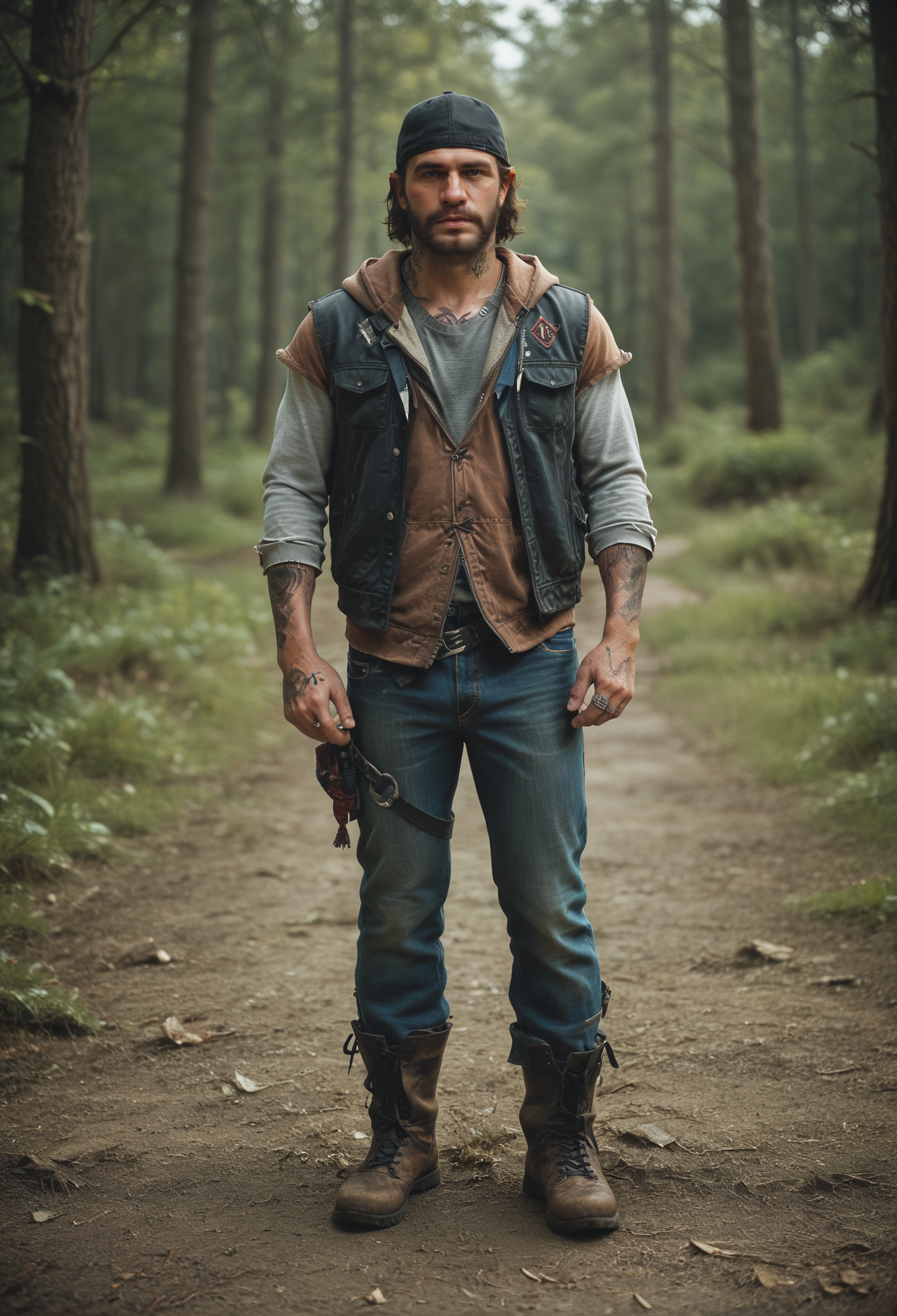 score_9, score_8_up, score_7_up, BREAK 1boy, solo, mature male, looking at viewer, full body, muscular,
beard, mustache, short hair, black vest, brown hoodie, jeans, thigh strap, boots, tattoo, baseball cap, backward hat,
standing, grey shirt,
outdoors, forest path, sunny,  <lora:Deacon_St._John:0.7>