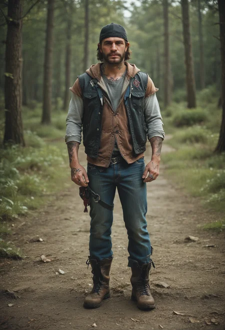 score_9, score_8_up, score_7_up, BREAK 1boy, solo, mature male, looking at viewer, full body, muscular,
beard, mustache, short hair, black vest, brown hoodie, jeans, thigh strap, boots, tattoo, baseball cap, backward hat,
standing, grey shirt,
outdoors, forest path, sunny, <lora:Deacon_St._John:0.7>
