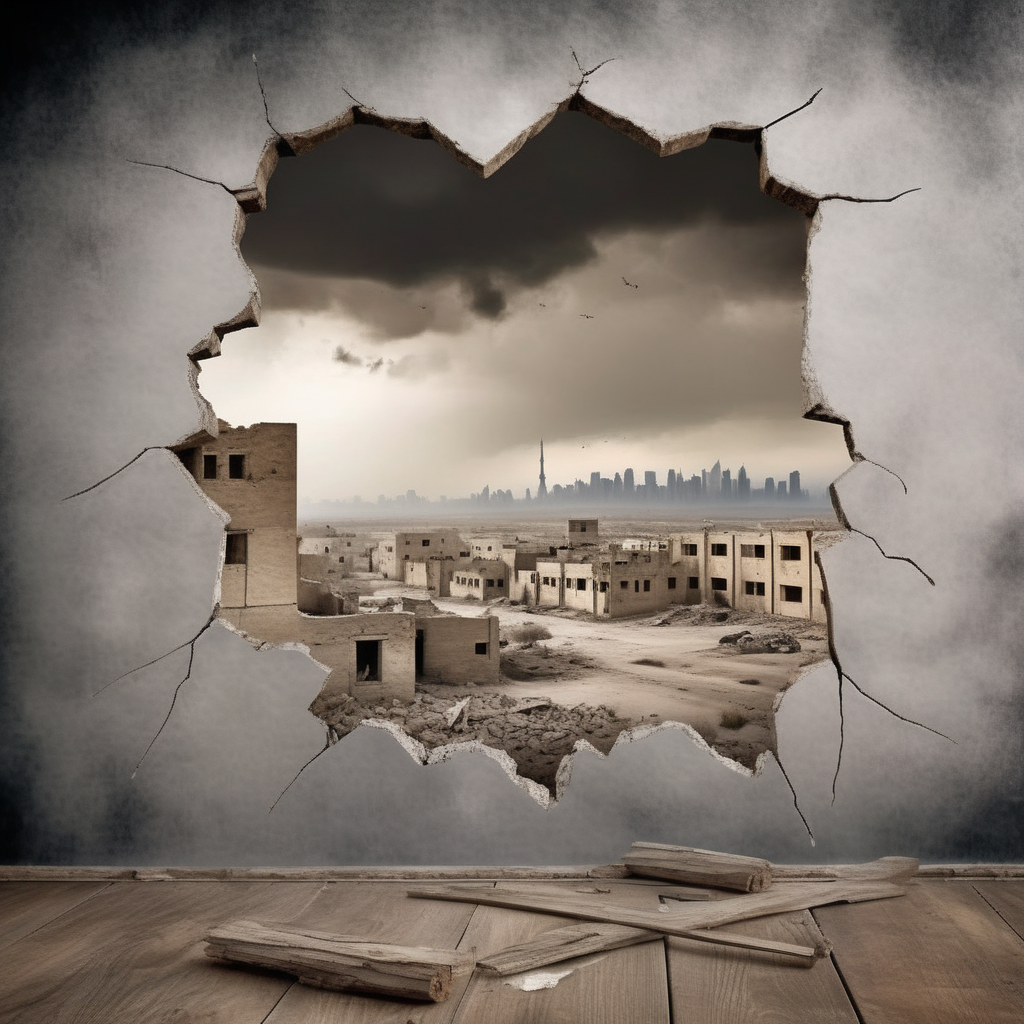 hole,A photorealistic image of a cracked wooden wall in the foreground, weathered and damaged, possibly by the impacts of war. Beyond this wall, the viewer should see a heart-wrenching scene of a Middle Eastern warzone. The landscape should be filled with architectural ruinsâcrumbled buildings, fallen pillars, and debris scattered around. Among these ruins, include people who look visibly distressed, perhaps some are sitting in despair, others walking aimlessly. The atmosphere should be heavy, filled with the weight of human suffering and the tragedy of war. The sky could be overcast or smoky, adding to the grim reality of the scene., <lora:hole2:0.6>