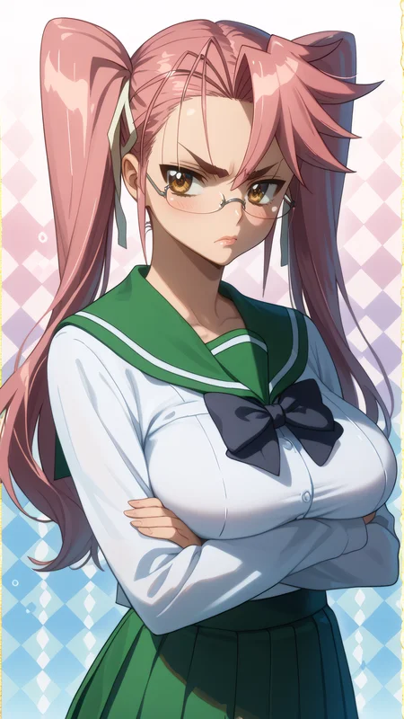 score_9, score_8_up, score_7_up, 1girl, solo, looking at viewer, anime coloring, upper body, close-up, portrait, mature female,
<lora:Saya_Takagi_Dwnsty:0.8>, saya_takagi, pink hair, brown eyes, long hair, twintails, glasses, hair ribbon, school uniform, serafuku, green skirt, pleated skirt, black bowtie, long sleeves,
lips, large breasts, skindentation, double v, annoyed, blush, crossed arms,
sunlight, abstract background, argyle background, rainbow, heart,
<lora:Hotd_Artstyle_Dwnsty:0.7>