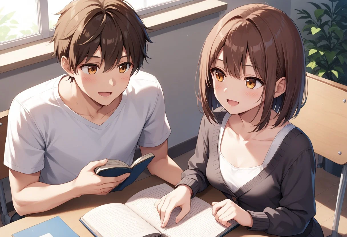 score_9, score_8_up, score_7_up, score_6_up, masterpiece, best quality,uncensored, 1girl, brown hair, rich hair, brown eyes, perfecteyes, medium breasts, medium hair, bob cut, sitting, desk, wearing dark navy cardigan, upper body, 1boy, smile, open mouth, studying together, two shot, sitting next to, long hair boy, collarbone, front shot, from above, boy at frame, looking at each other