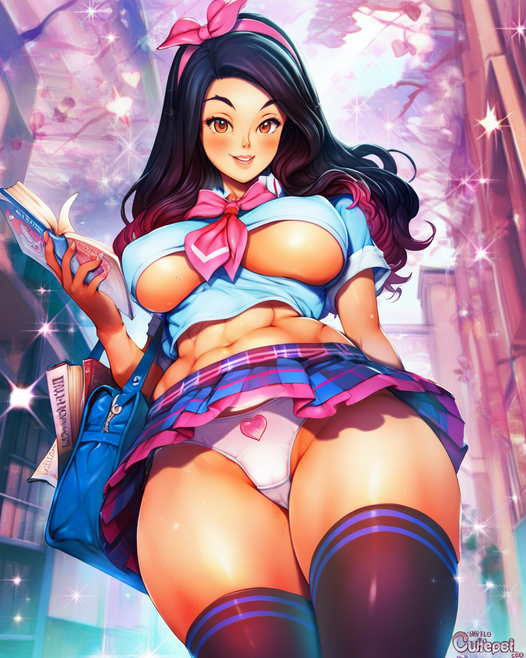 score_9, score_8_up, score_7_up, zPDXL3, BREAK, <lora:ctpt_v1t1pnyez:1> ctpt, 1girl, bag, black hair, black thighhighs, blush, book, breasts, brown eyes, crop top, curvy, gradient hair, hairband, heart, holding, large breasts, long hair, looking at viewer, midriff, miniskirt, multicolored hair, navel, panties, pantyshot, parted lips, pink bow, plaid, plaid skirt, school uniform, sex toy, skirt, smile, solo, sparkle, standing, thick thighs, thighhighs, thighs, underboob, underwear, white panties, wide hips