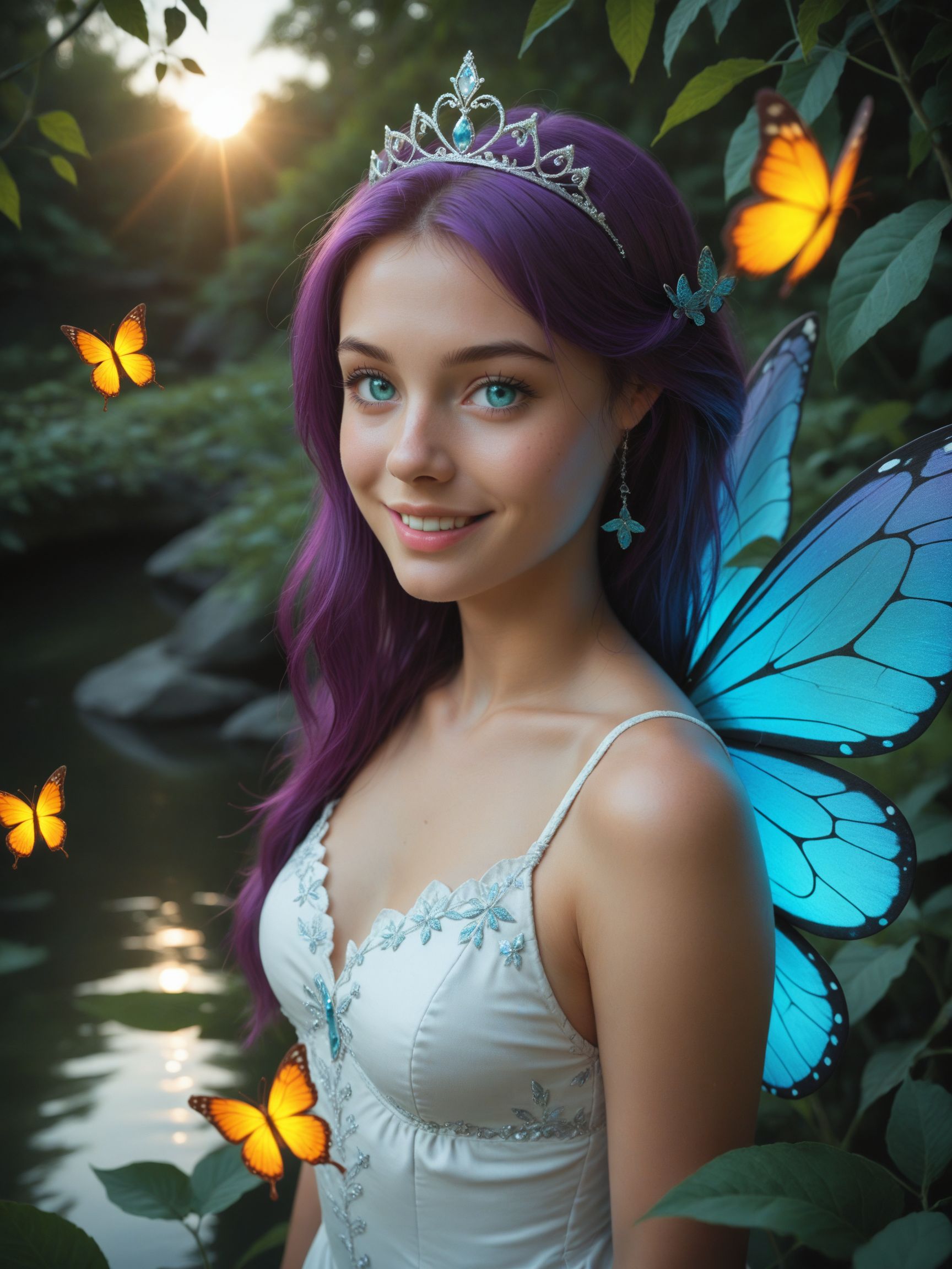 score_9, score_8_up, score_7_up
, 1girl, yellow huge butterfly wings, cyan eyes, purple hair, pretty, adorable
, brite smile, cheek dimples
, white dress, tiara made of leaves
, lush, river shore, sunset, BREAK volumetric lighting, depth of field, cinematic shot, vibrant, detailed, dramatic light