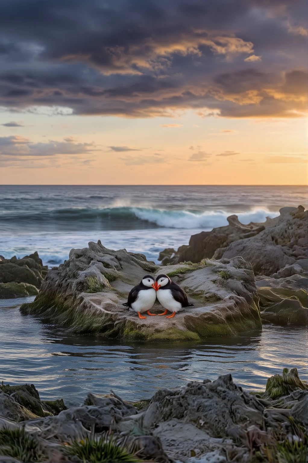 Amidst the crashing waves of a stormy coastline, where the wind howls and the sea rages, two puffins huddle close within the shelter of a heart-shaped rock formation. Their small, warm bodies press together as the golden light of the setting sun breaks through the storm clouds, casting an ethereal romantic glow over the turbulent seascape. The sublime natural beauty of the moment is undeniableâwhere chaos meets tranquility, love finds its place, undisturbed by the tempests of the world.
<lora:ethereal-romantic-glow-flux:1> <lora:paws-and-hearts-flux:1>