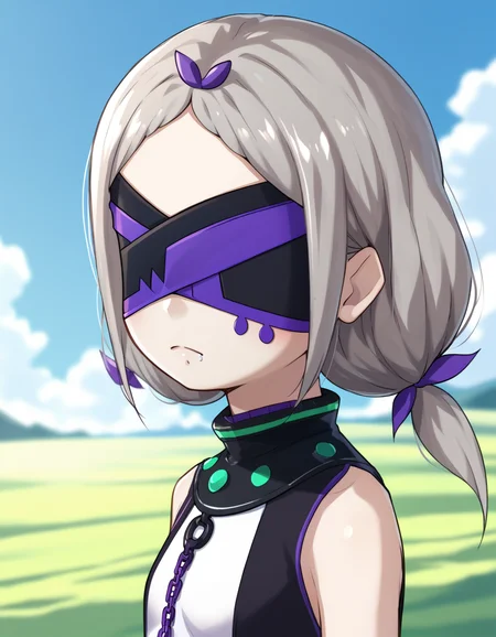 <lora:Daphne_ReZero_V2:1>, grey hair, blindfold, daphne, 1girl, solo, twintails, blue skye, grass, blurry background,, (score_9,score_8_up,score_7_up)