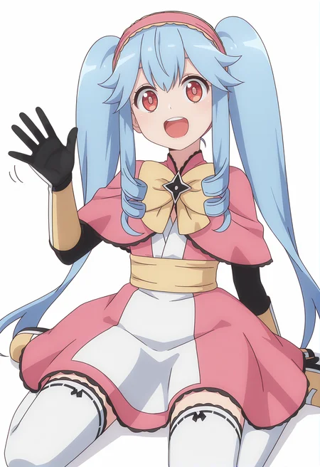 <lora:Kusagakure_Michiru_Illustrious-000058:0.8>,
Kusagakure Michiru,dress,red eyes,gloves,hairband,bow,white thighhighs,capelet,
solo,simple_background,white_background,wariza,upper teeth only,waving