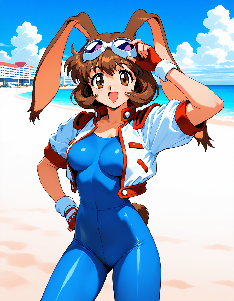 masterpiece, best quality, good quality, <lora:Makihara_Arina_IS:1>Makihara_Arina, brown hair, animal ears, goggles on head, rabbit ears, brown eyes,   medium breasts,
1girl, solo, cropped jacket, gloves, fingerless gloves, smile, hand on hip,
open mouth, blue bodysuit, 1990s (style), bodysuit, jacket, 
looking at viewer, :d, cowboy shot
blue sky, beach, building, clouds,