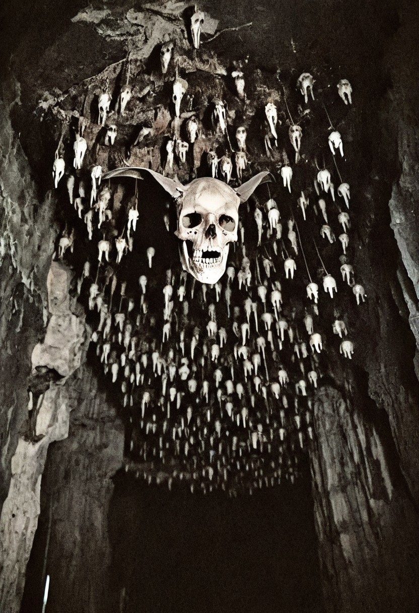 antique photo, eerie atmosphere, creepy, cave, descent into madness, lovecraft horror, walls made of skulls, one bat hanging from the ceiling, <lora:Antique_Photo:1>