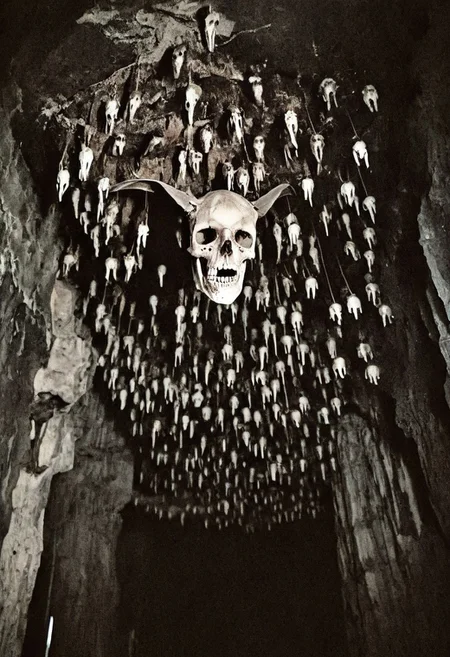antique photo, eerie atmosphere, creepy, cave, descent into madness, lovecraft horror, walls made of skulls, one bat hanging from the ceiling, <lora:Antique_Photo:1>
