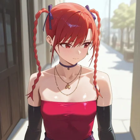 (best_quality, detailed, masterpiece, very_aesthetic, absurdres), general, m.q \(mqkyrie\), (zuharu:0.5)
BREAK
1girl, small breasts, upper_body, adult, ambient occlusion, ray tracing, shiny skin, blurry background, shadow
BREAK
sumiresmtnine, red hair, long hair, twin tails, choker, hair ribbon, earrings, necklace, red tube top, sleeveless, black elbow gloves, brown gloves, purple skirt