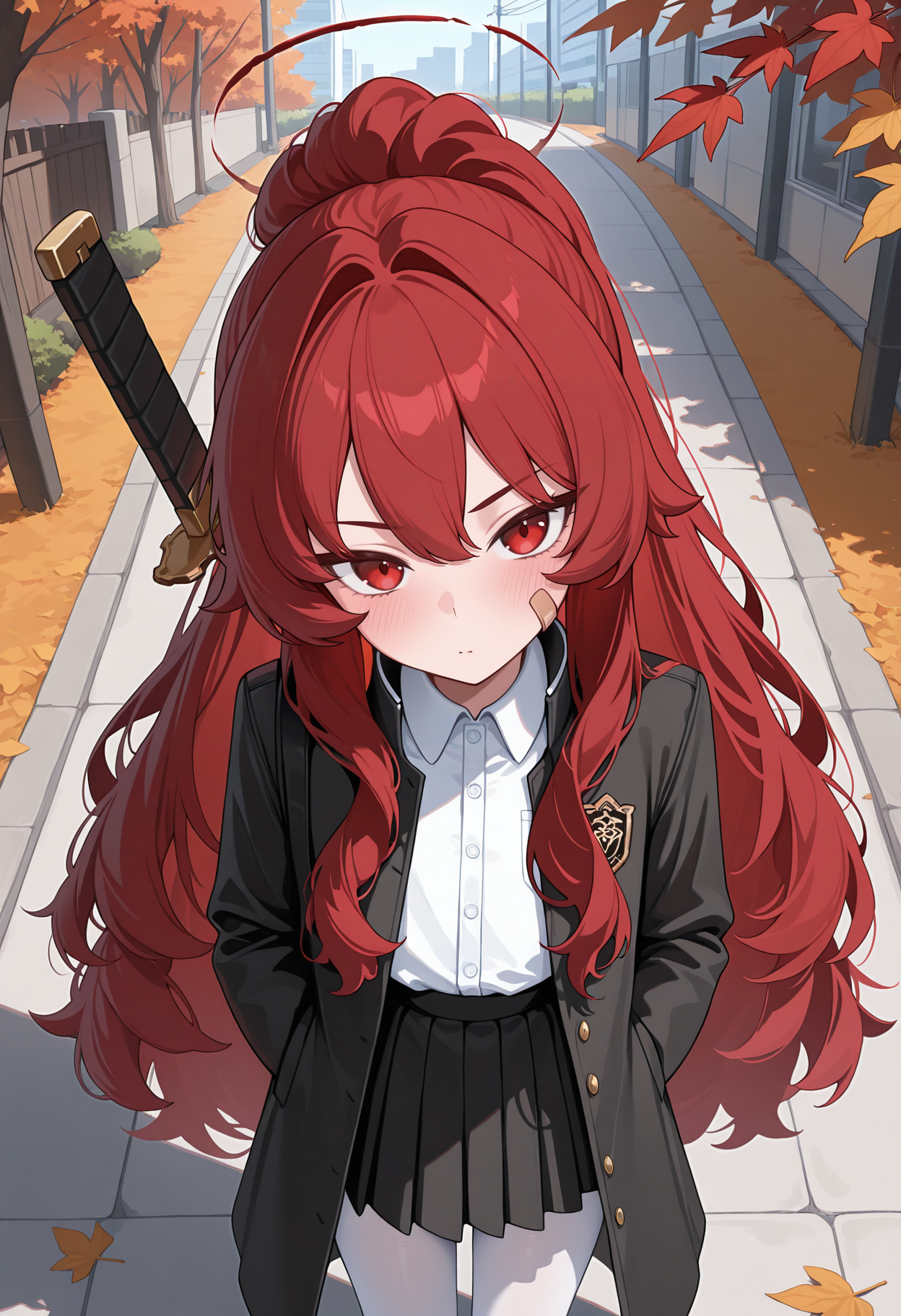 highres, best quality, masterpiece, autumn leaves, outdoors, 
1girl, solo, kvkoito, red hair very long hair, ponytail, bandaid on face, halo, red eyes,
school uniform, black jacket, black coat, open jacket, white shirt, collared shirt, black skirt, pleated skirt, white pantyhose,
looking at viewer, blush, head tilt,
sword on back, from above, 
<lora:_koito_kv-elesico-ilxl:1>