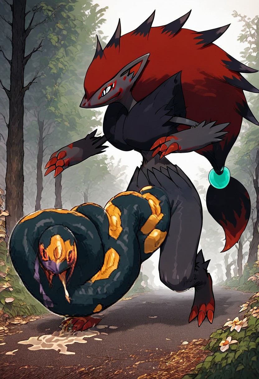 score_9, score_8_up, score_7_up, source_anime, Zoroark, pokemon (creature), hyper crotchseviper, feral, solo, treating crotchseviper in hand, long straight thick crotchseviper, crotchseviper slithering all around, running on street