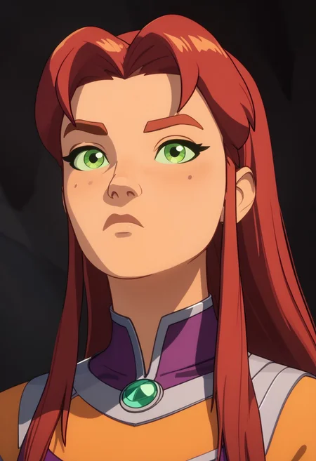 Score_9, Score_8, Score_7, TDPStyle, starfire from DC, Bust Shot, Looking at Viewer, Bored, Cave Background
