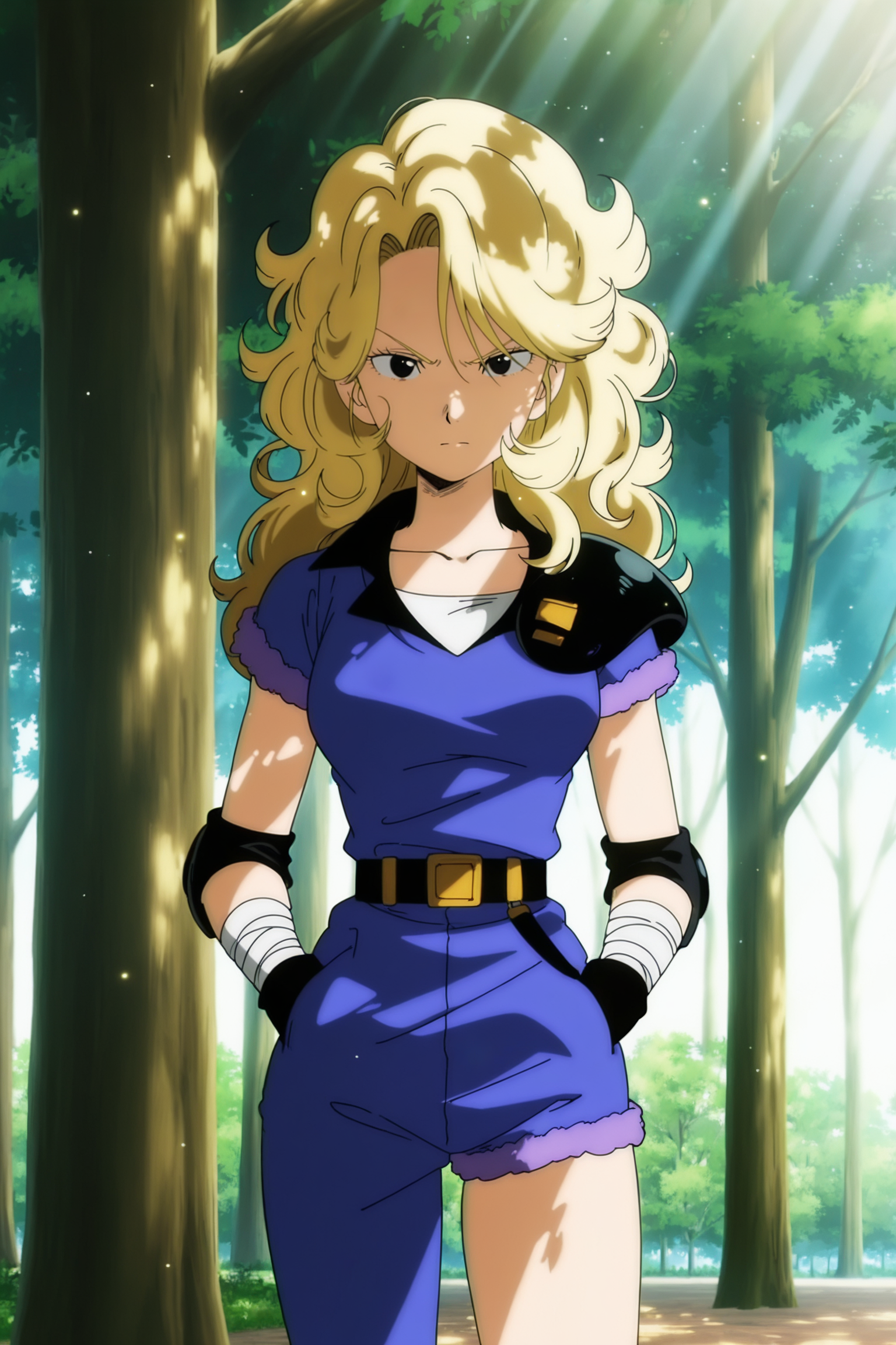anime screencap, masterpiece, best quality, amazing quality, very aesthetic, absurdres,  newest, (scenery, volumetric lighting), official style, dappled sunlight, light particles, light rays,
hasky, official style, demin bodysuit, 1girl, solo, long hair, looking at viewer, blonde hair, closed mouth, belt, black eyes, bandaged arm, collarbone, serious, short sleeves, shoulder armor, single bare leg, white undershirt, fur trim, curly hair, eyelashes, v-shaped eyebrows, hands in pockets, elbow pads, skindentation, outdoors, tree, day,, dappled sunlight, light rays, 
 <lora:GirlsofDB_Pack1_IL:0.8>
