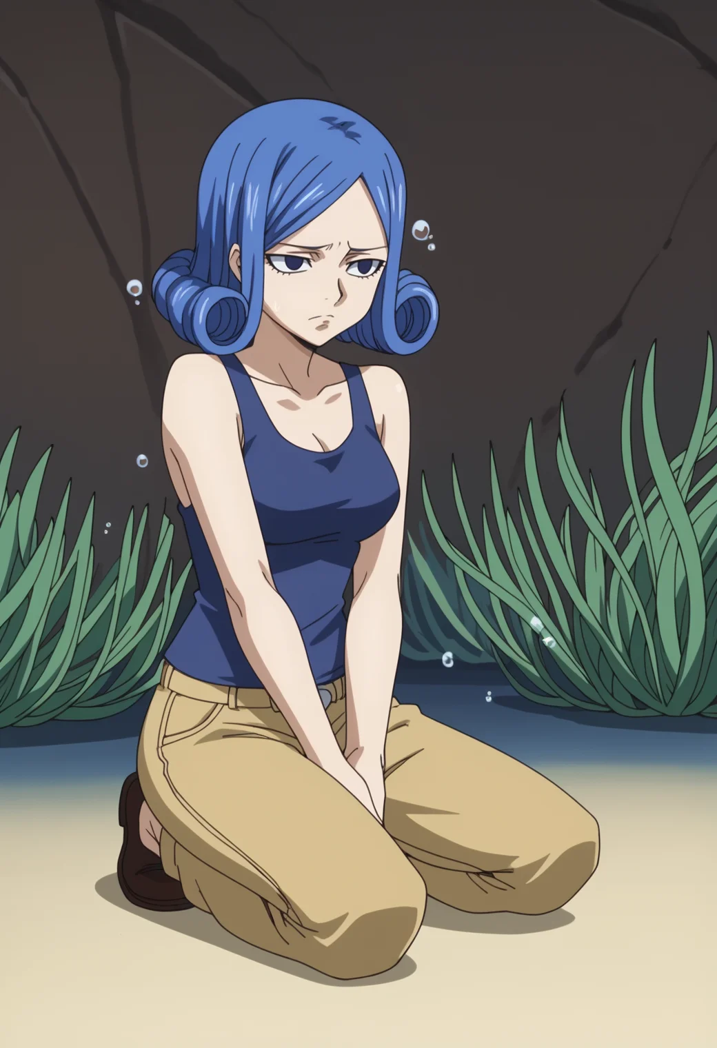 score_9, score_8_up, score_7_up, anime screencap, BREAK, 1girl, (solo:1.2), <lora:DX888Juvia:1>, juvia lockser, blue hair, curly hair, blue eyes, short hair, , BREAK Kneeling, hands clasped in prayer, expressionless, half-closed eyes, nervous, nervous sweating, looking away, frown, underwater, bubbles, seaweed, Tank Top & Cargo Pants - Casual tank top, cargo pants with multiple pockets.