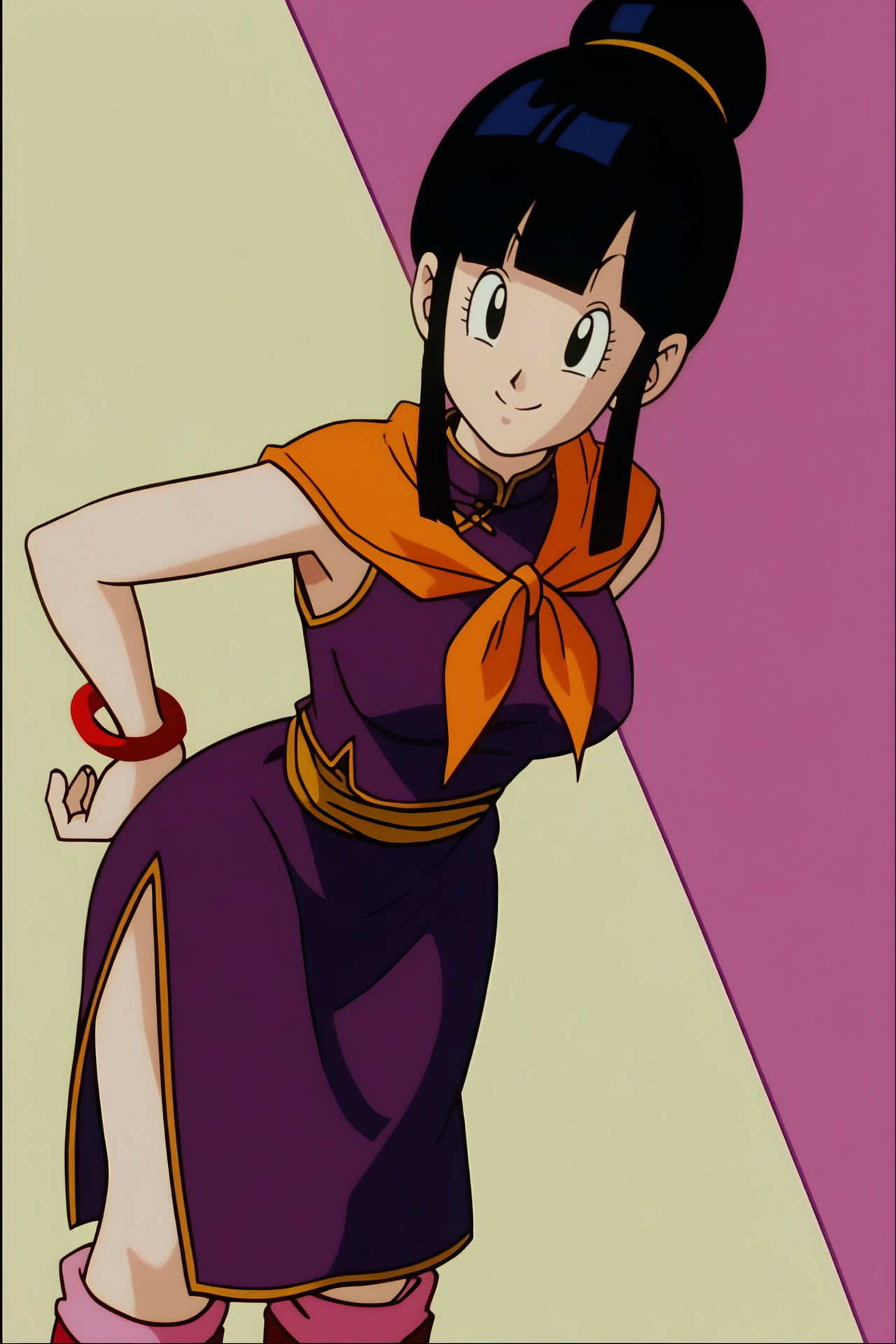 source_anime, score_9, score_8_up, score_7_up, anime screencap, absurdres, official style,
chi-chi, 1girl, solo, breasts, looking at viewer, bangs, black hair, blunt bangs, sidelocks, hair bun, single hair bun, black eyes,
main outfit, bare arms, bare legs, sleeveless,  bracelet, red trim,  purple dress, side slit, orange neckerchief, orange sash, pink legwear, red footwear, boots, leaning forward, close up, smile, raised eyebrows, 
 <lora:chichi_pony_v2:0.8>