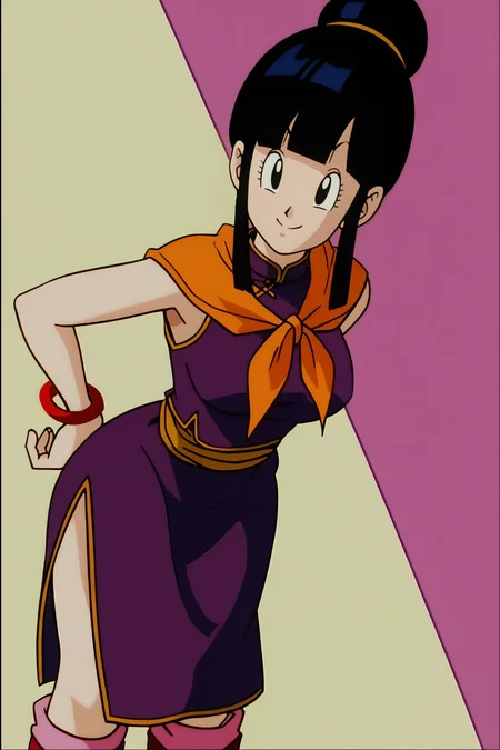 source_anime, score_9, score_8_up, score_7_up, anime screencap, absurdres, official style,
chi-chi, 1girl, solo, breasts, looking at viewer, bangs, black hair, blunt bangs, sidelocks, hair bun, single hair bun, black eyes,
main outfit, bare arms, bare legs, sleeveless,  bracelet, red trim,  purple dress, side slit, orange neckerchief, orange sash, pink legwear, red footwear, boots, leaning forward, close up, smile, raised eyebrows, 
 <lora:chichi_pony_v2:0.8>